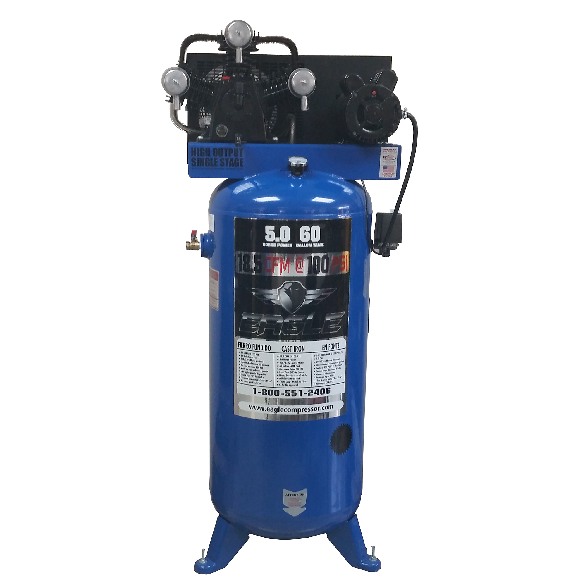 EAGLE, 60 Gallon 18.5 CFM Air Compressor, Horsepower 5 HP, Air Tank Size 60 Gal, Volts 220 Volt, Model# C5160V1